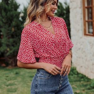New Floral Butterfly Sleeve Shirred Blouse Red